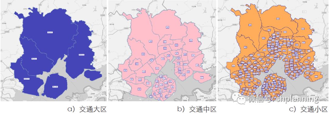 以重要的区域性交通干道和功能板块为依据,划分47个交通中区;最后将中