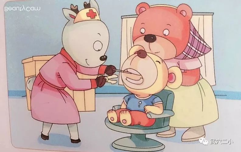 "这些天,小熊的牙突然tòng得要命,熊妈妈就带着小熊去看牙医.