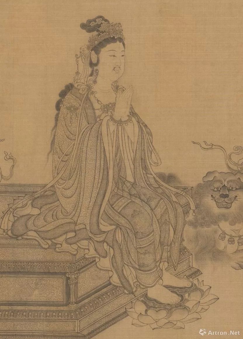 文殊师利的座具听经的天女,僧侣及达官贵人衣纹有曹仲达遗风相较董源