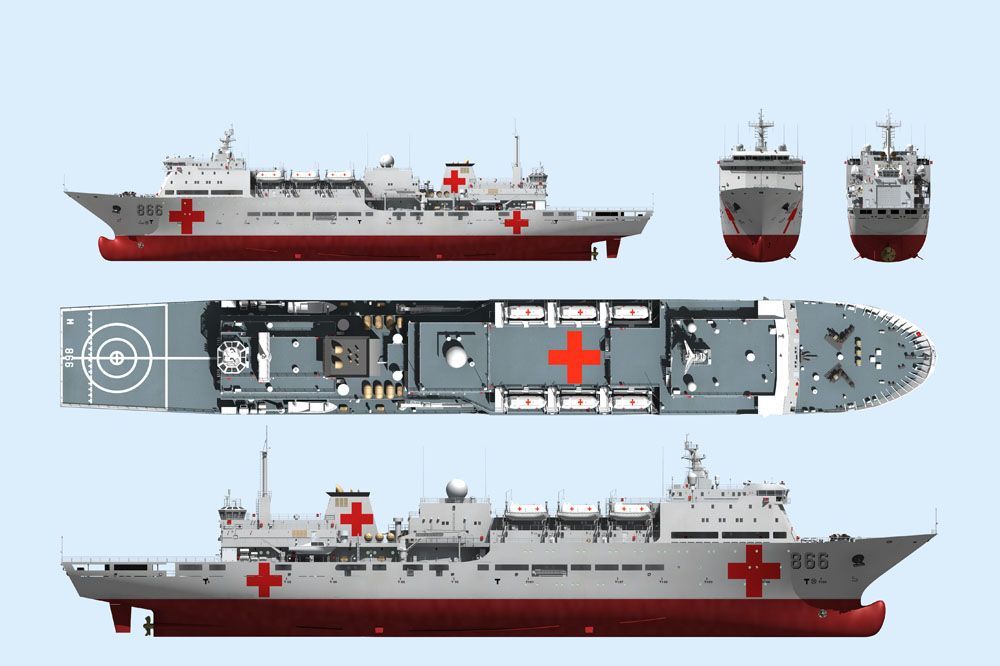 866岱山岛号是在福池级补给舰平台上建造的大型专业医院船,型号920