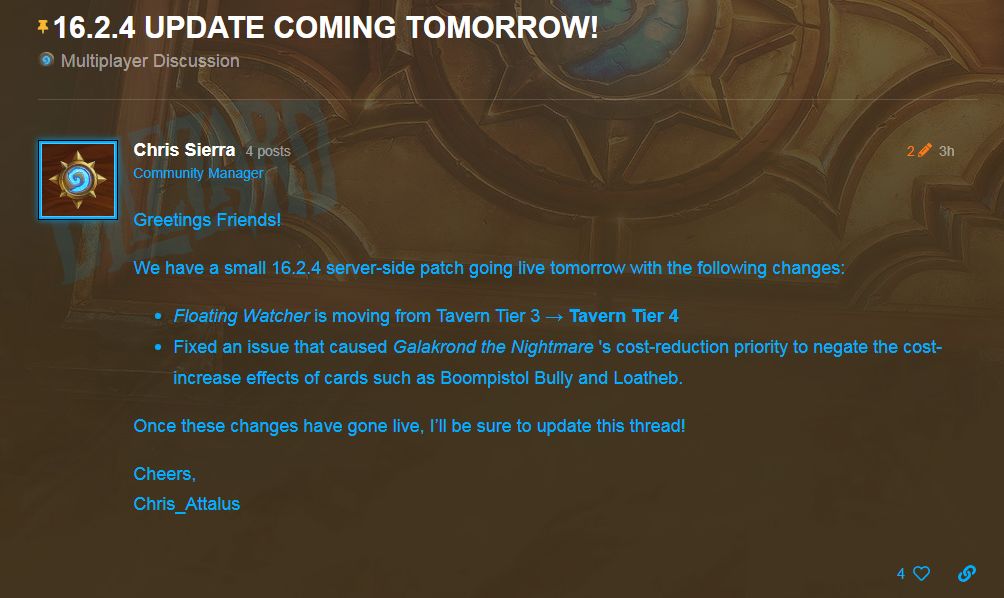 炉石传说小绿被砍成四星明日上线奇利亚斯威兹班等即将退环境