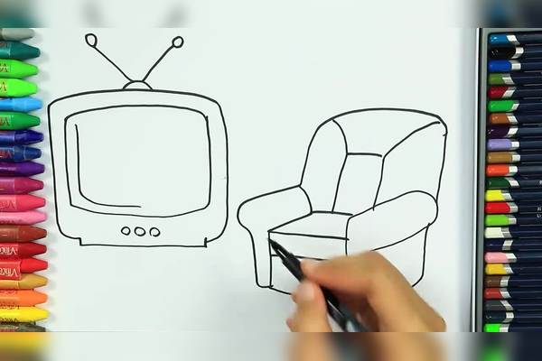 儿童涂鸦简笔画客厅里的沙发和电视机