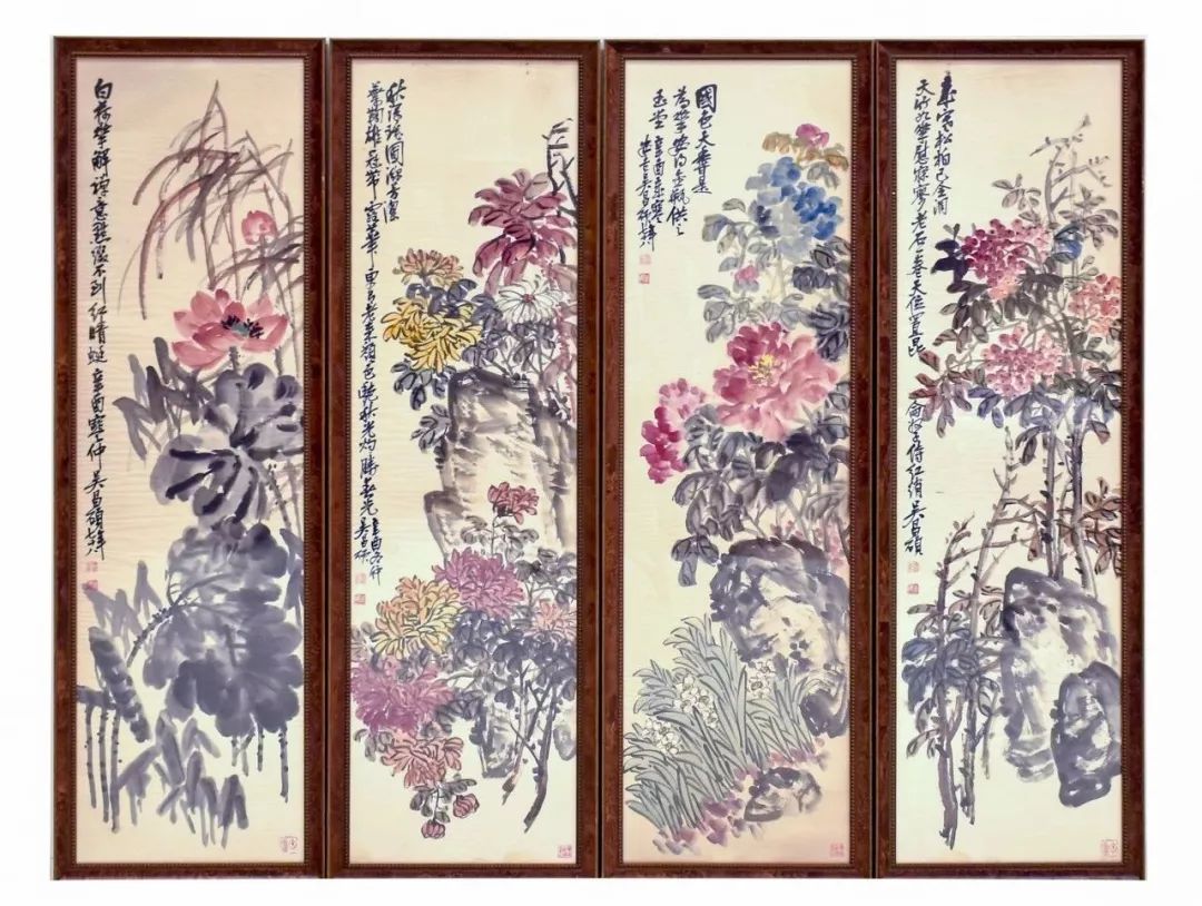 lot 0138 张大千松石梅菊荷四条屏(一幅,1940年,裱框尺寸:长 50 1/2