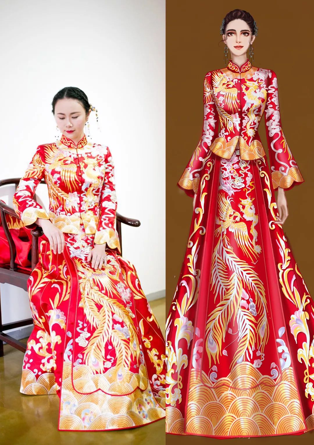 中式婚礼礼服设计手绘效果图情人节骗你结婚