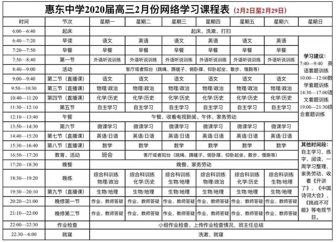 惠東中學黃岡中學惠州學校華羅庚中學高二年級課程表惠州一中惠州中學