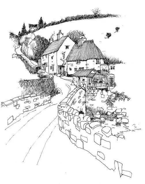 山脉的面状感画法75只是简单的竖行线条却把建筑物和风景结合了起来