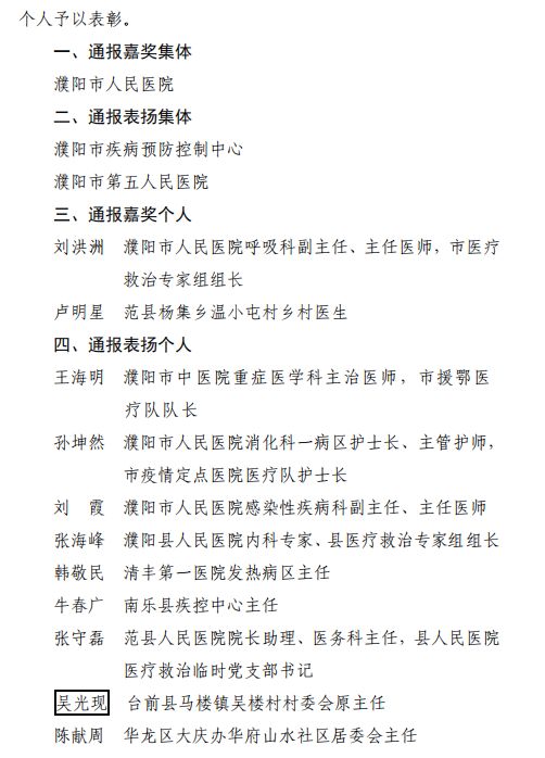 濮阳表彰首批疫情防控工作先进集体和先进个人,清丰这为医生上榜!