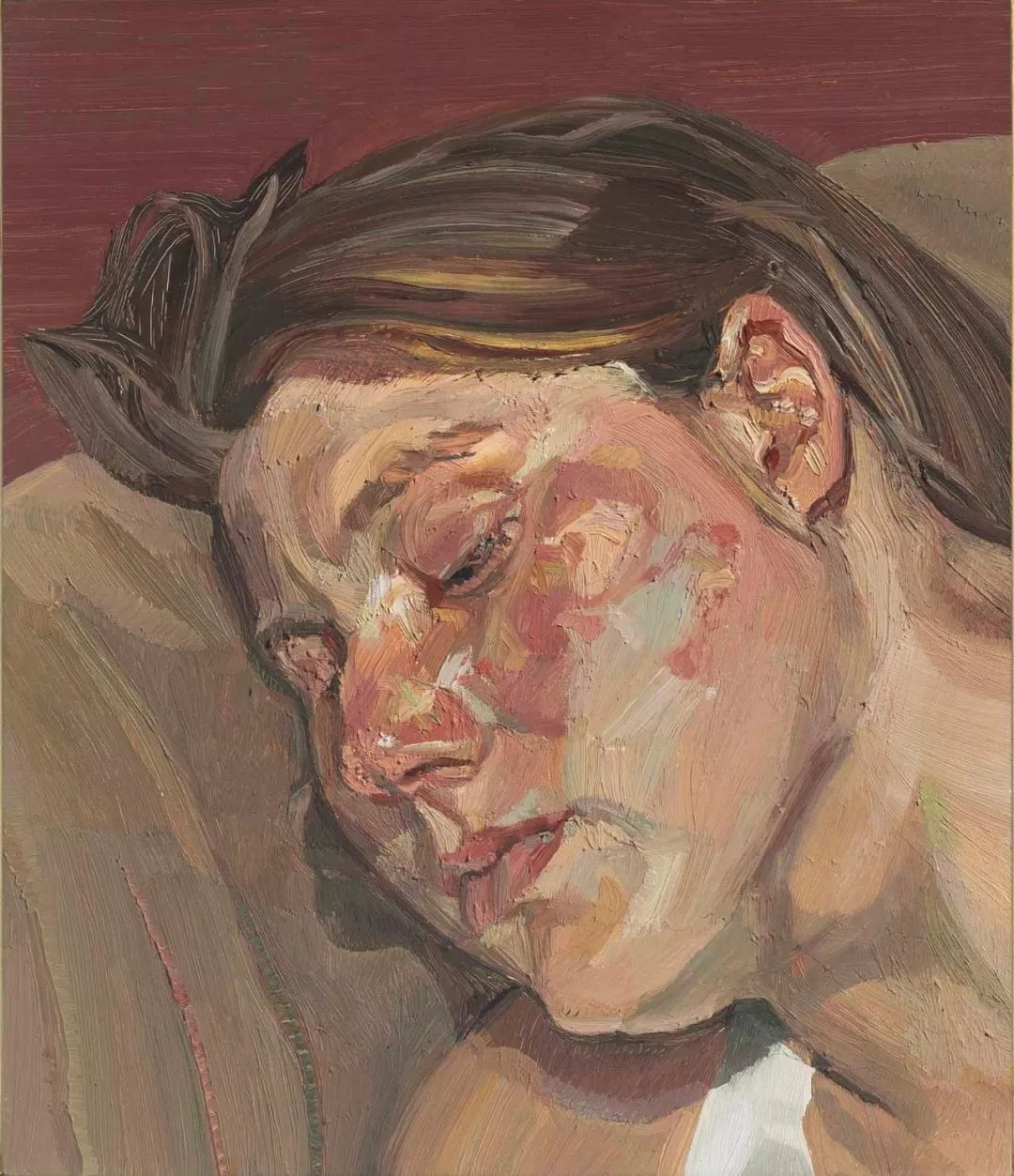 卢西安·弗洛伊德《girl in striped nightshirt》,布面油画,29