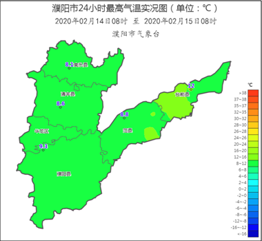 1,南樂縣0.1,範縣1.0,臺前縣3.5毫米.截止到2月15日08時最高氣溫8.