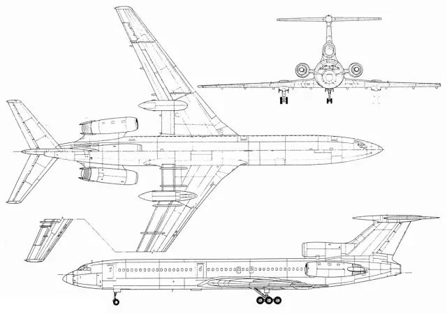 图-154的座位一般是"3 3"的形式1968年初在莫斯科附近的茹科夫斯基