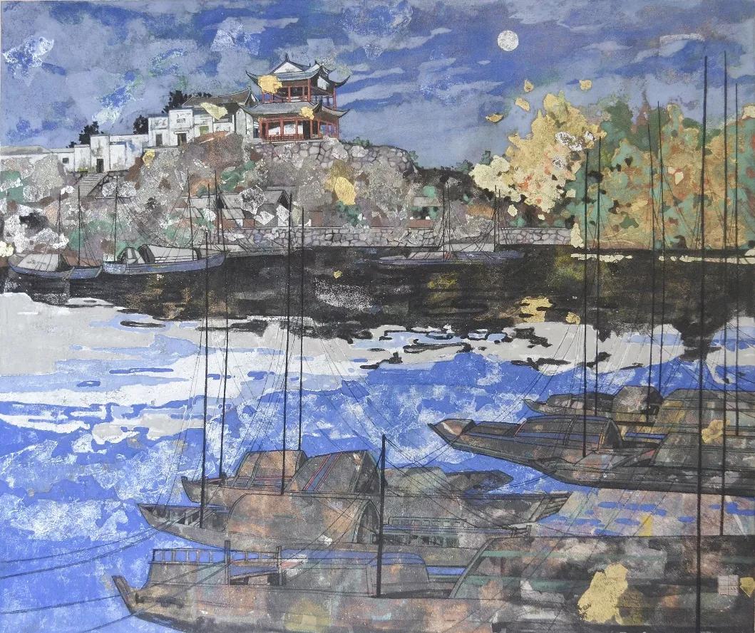 张一舟在岩彩作品《汉阳十景》中将传统材料与现代材料充分融合,对