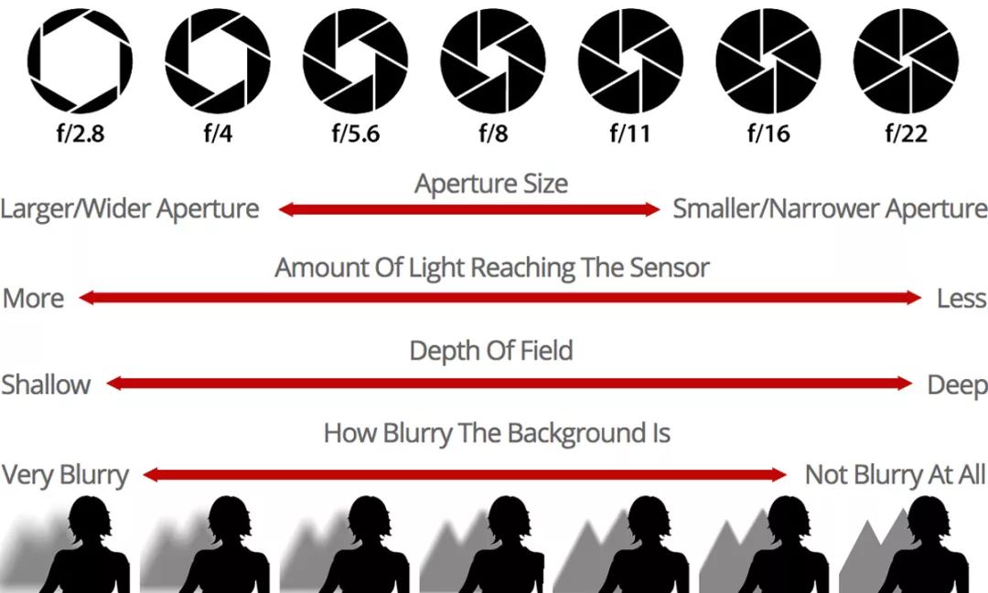 下图是是光圈口径,单位时间进光量,景深,照片虚化这几者之间的关系