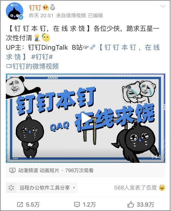 钉钉发布的这段视频走的是搞笑风,全程都以"怂了"