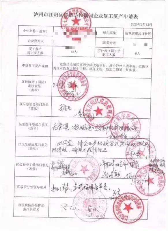 四川泸州一建筑公司复工要先盖八个章