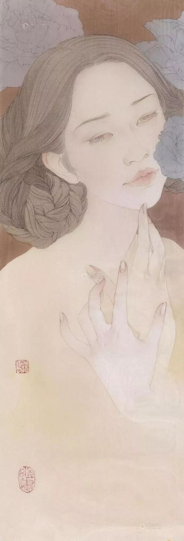 何家英高徒美女博士刘瑶工笔人物画太性感