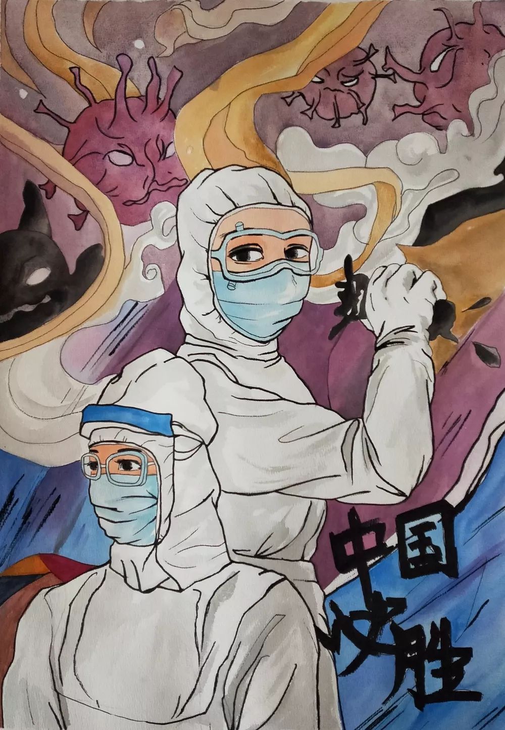 心有大爱以笔传情泰州田中抗击疫情学生美术作品选登