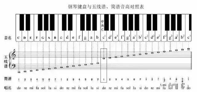 首先,要注意看五线谱上音的走向:在五线谱上,音越来越往高走,在琴键上