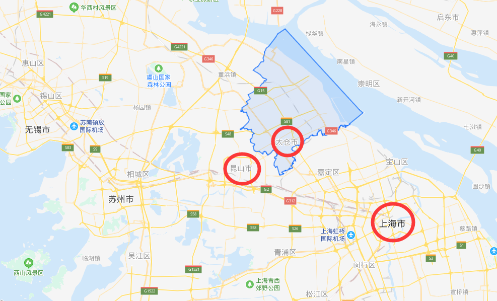 那就是都靠近上海,从地图上来看,太仓和昆山两座城市相连,距离上海的