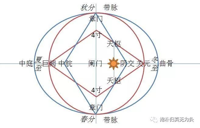 畫兩個橢圓,外圈:中庭-章門-曲骨-章門,內圈:巨闕-章門-關元-章門,兩