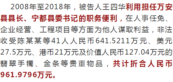 受贿近千万赣州宁都县委原书记王四华获刑