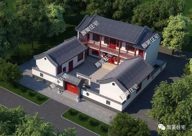 中式风格的三合院别墅主屋两层厢房一层这栋房子很复古