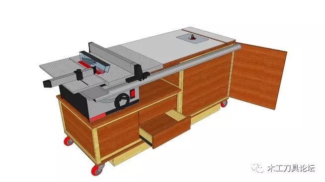 可移動式臺鋸和電木銑二合一木工桌,值得讚的是還設計了銑刀收藏盒