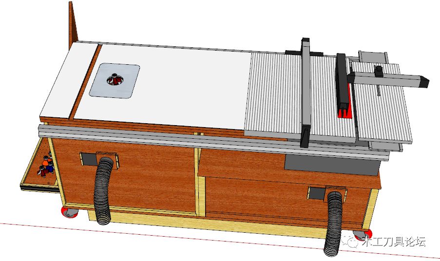 可移动式台锯和电木铣二合一木工桌,值得赞的是还设计了铣刀收藏盒