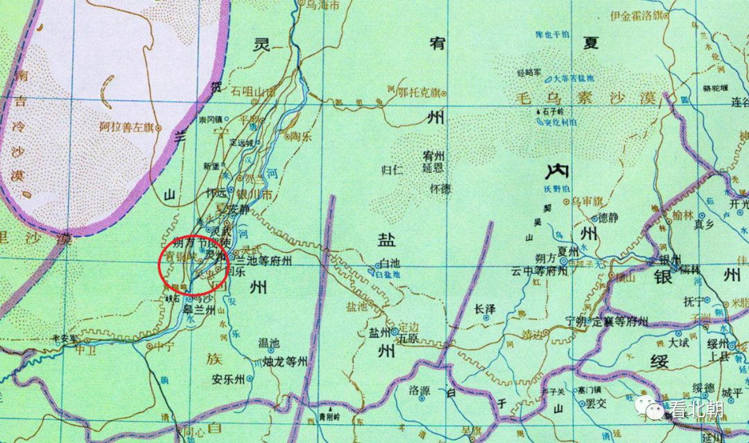 唐代京畿道(关内)地图局部示意,红圈为灵州南部青铜峡位置,图/网. .