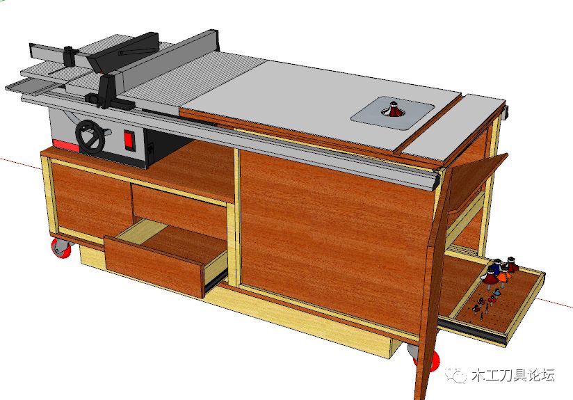 可移動式臺鋸和電木銑二合一木工桌,值得讚的是還設計了銑刀收藏盒