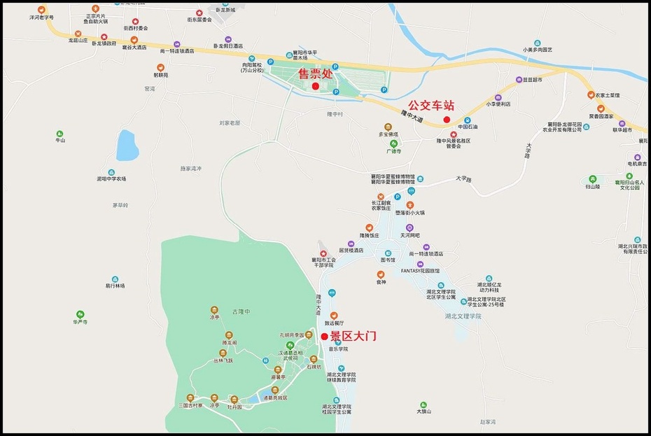 景区售票处,景区大门位置示意图古隆中距襄阳市13公里,从手机地图上