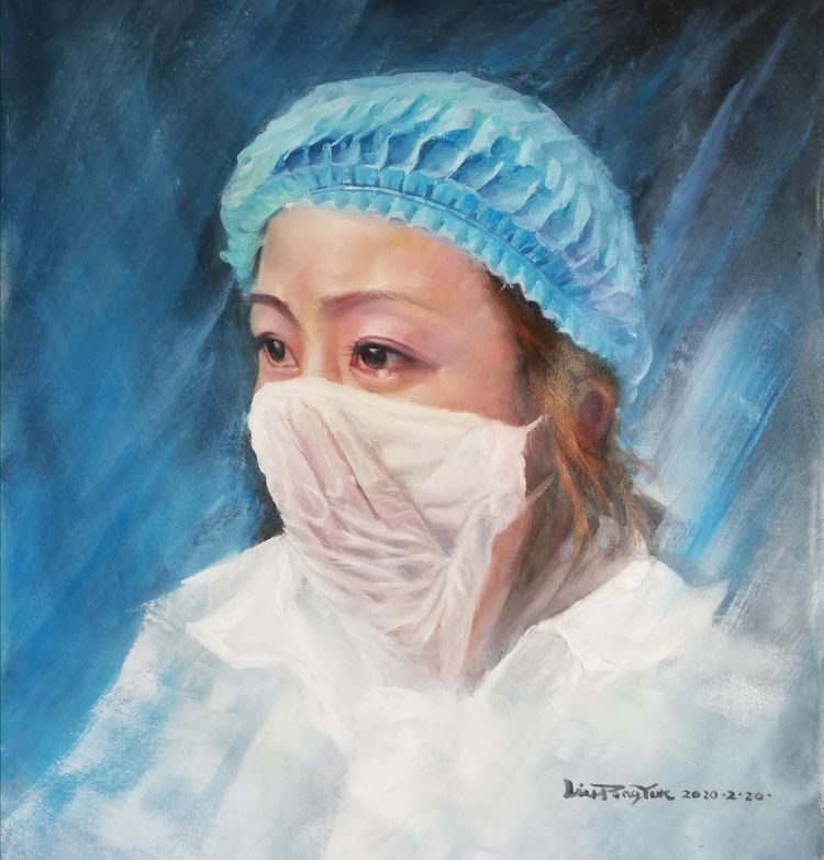 60x80cm 宋勇《召唤》140x70cm 白亚林《鲜花送给白衣天使》油画 50x