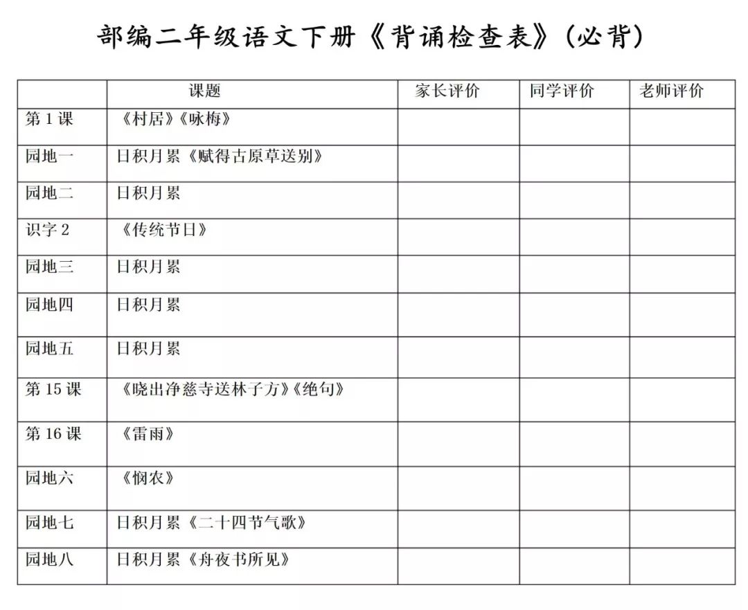 16年级语文下册背诵闯关表古诗课文日积月累