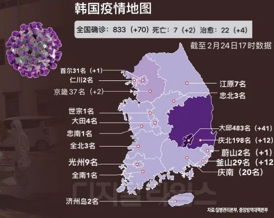 截至2月24日17时,韩国疫情地图