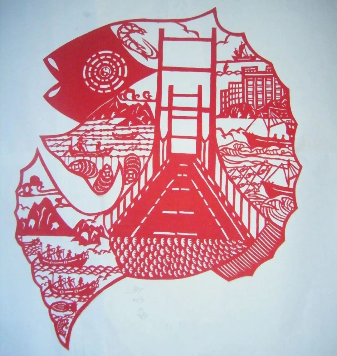 《渔乡的大桥时代》 ,作者:陈士海《鱼蝶》,作者:毛爱菊嵊泗海洋剪纸