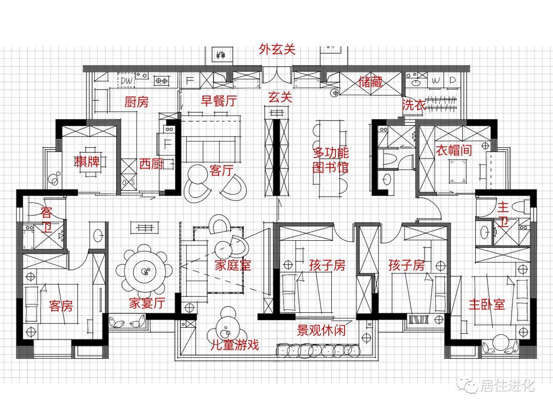 ▼看我们的方案完全对称的两套房子,合并以后最大的问题是,面积很大