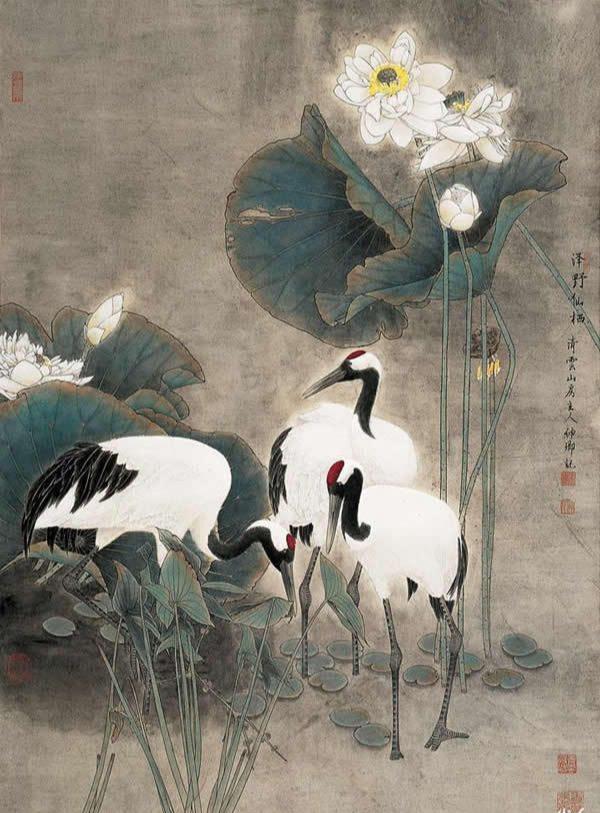 工笔画窦申清鹤仙风神韵紫顶昂藏肯狎人一声嘹亮冲天阙