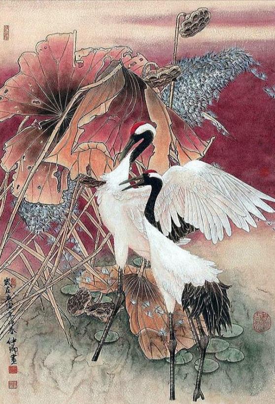 工笔画窦申清鹤仙风神韵紫顶昂藏肯狎人一声嘹亮冲天阙