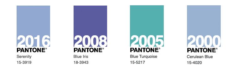 2000 年的蔚蓝(cerulean),2005 年的蓝色绿松石(blue turquoise),2008