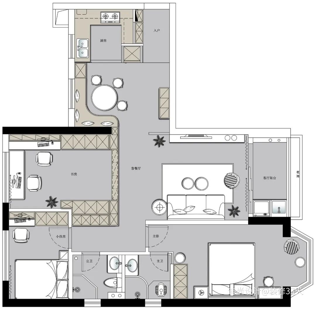 99平现代简约三室弧形卡座餐厅超大收纳书房