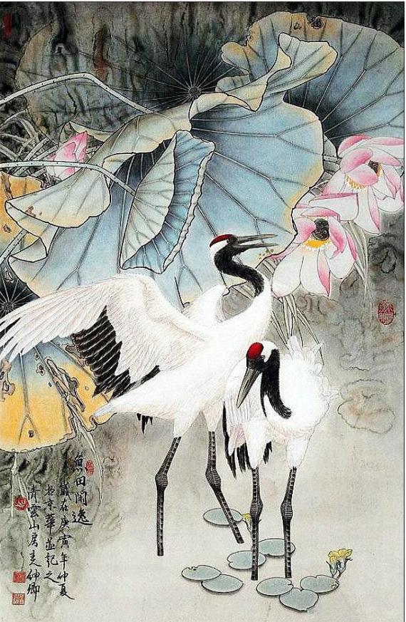 工笔画窦申清鹤仙风神韵紫顶昂藏肯狎人一声嘹亮冲天阙