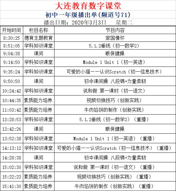 大连数字课各年级入口附3月3日课程表