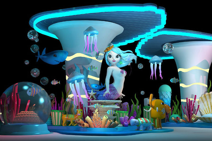 海底世界场景美陈,该美陈方案以蓝色为主色调,结合了各种海洋中的卡通