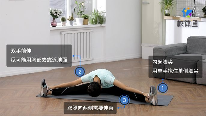 4. 坐姿广角伸展②身体保持挺直.①注意不要过度下压.