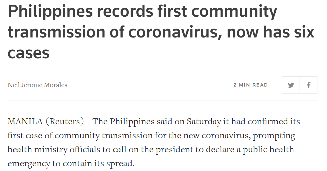 他59岁的妻子也被感染新冠病毒,至此菲律宾累计确诊病例达6例.