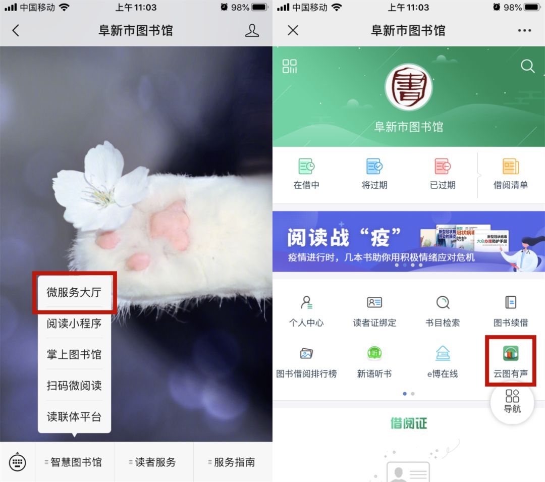 [进入阜图公众号]-[智慧图书馆]-[微服务大厅]-[云图有声]云图数字有