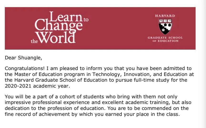 2020年3月7日,他收到了高等学府美国哈佛大学的录取通知书,即