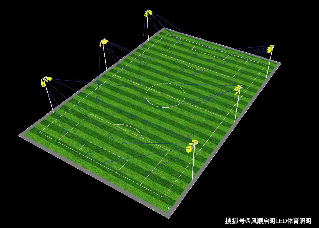 7人足球場照明3d立體效果圖----200lux照度方案七人制足球場尺寸為64*