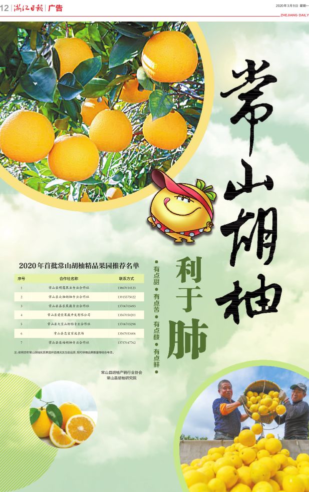 《浙江日报》专版推介:常山胡柚利于肺!_宣传