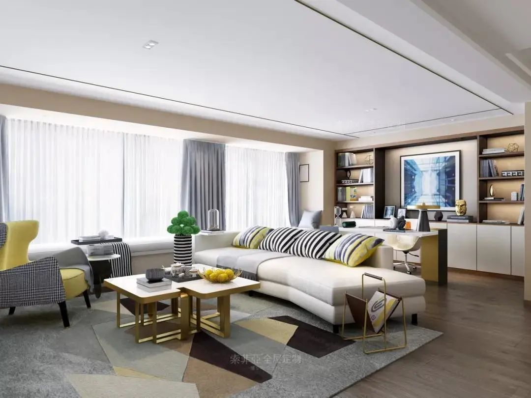 如果你家也像下面的案例中一样,拥有一个大横厅,可以考虑沙发不靠墙