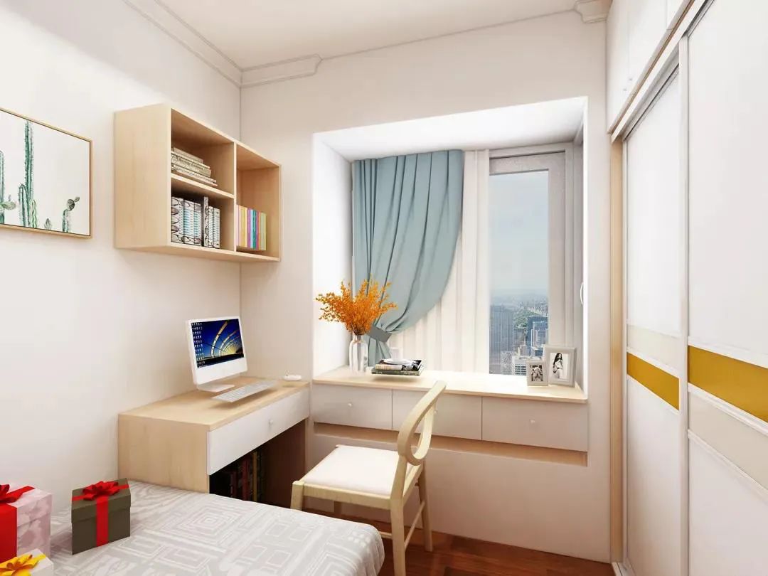 贴着原飘窗做设计,向上在水泥飘窗  嵌入设计一组柜体增加收纳空间也